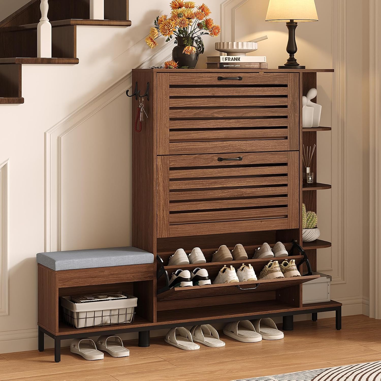 Narrow Shoe Cabinet with Bench - Shoe Rack Cabinet Narrow Entryway ulasan dan harga