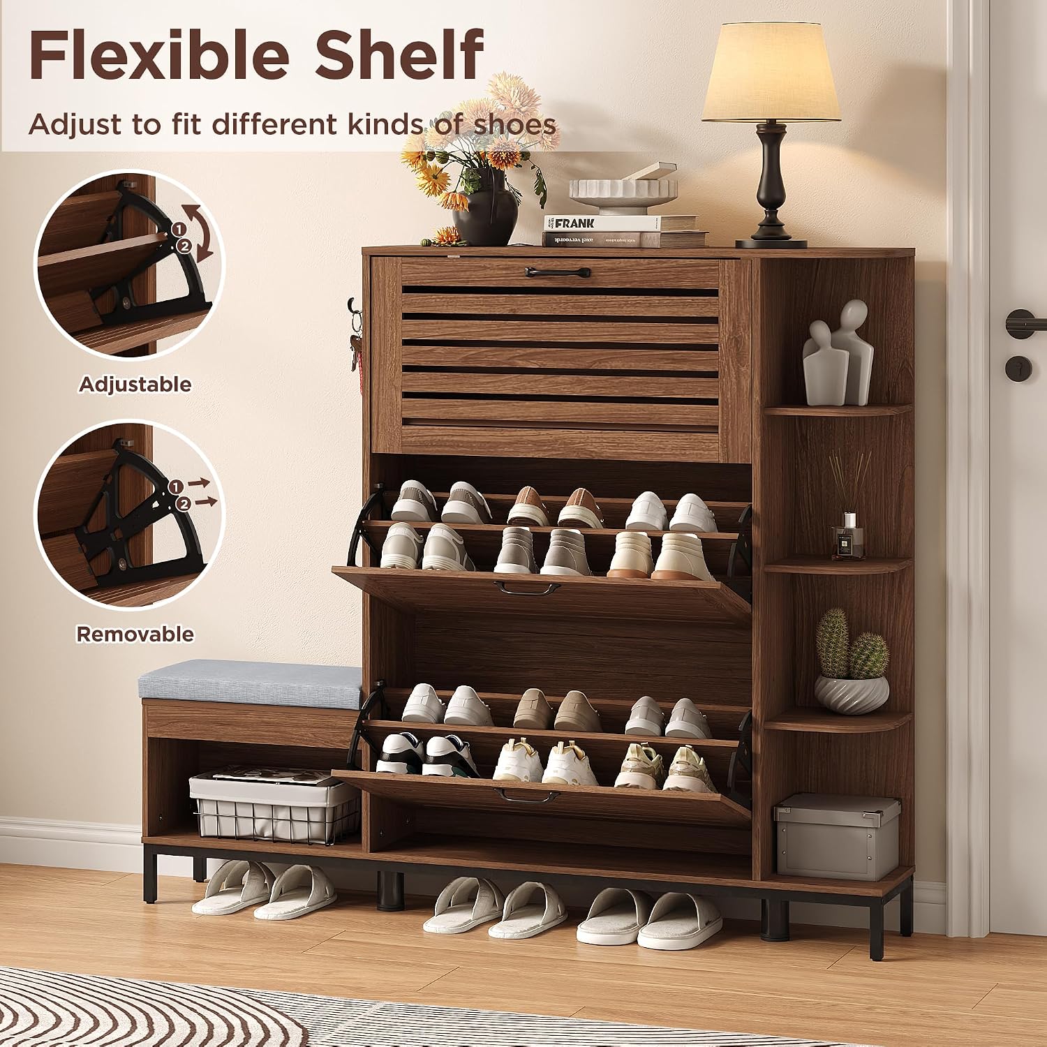 Narrow Shoe Cabinet with Bench - Shoe Rack Cabinet Narrow Entryway ulasan dan harga
