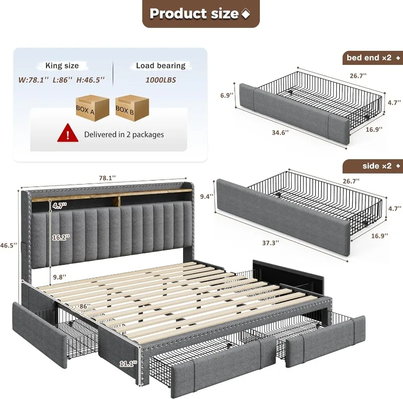 EnHomee Upholstered King Size  - King Size Bed Frame With Storage Drawers ulasan dan harga