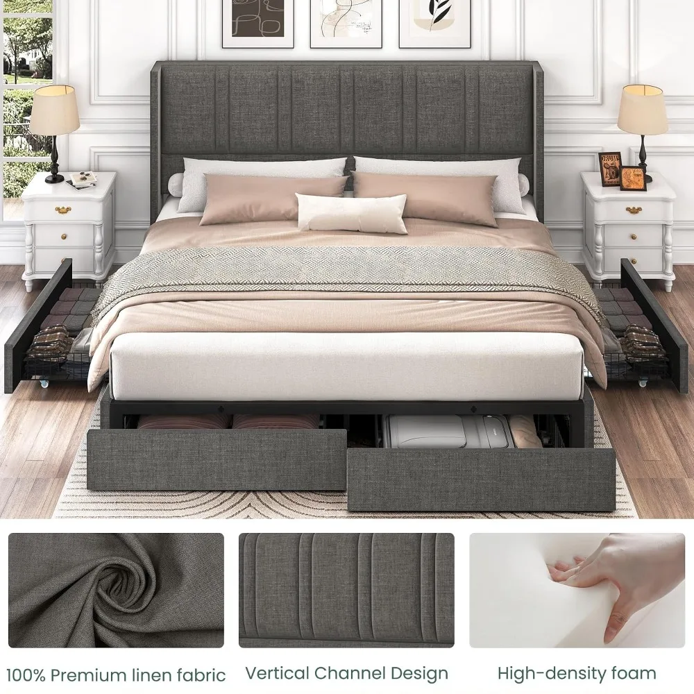 King Size Linen Upholstered Pl - King Size Bed Frame With Storage Drawers ulasan dan harga