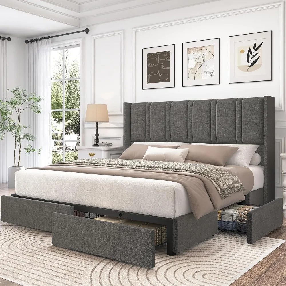 King Size Linen Upholstered Pl - King Size Bed Frame With Storage Drawers ulasan dan harga
