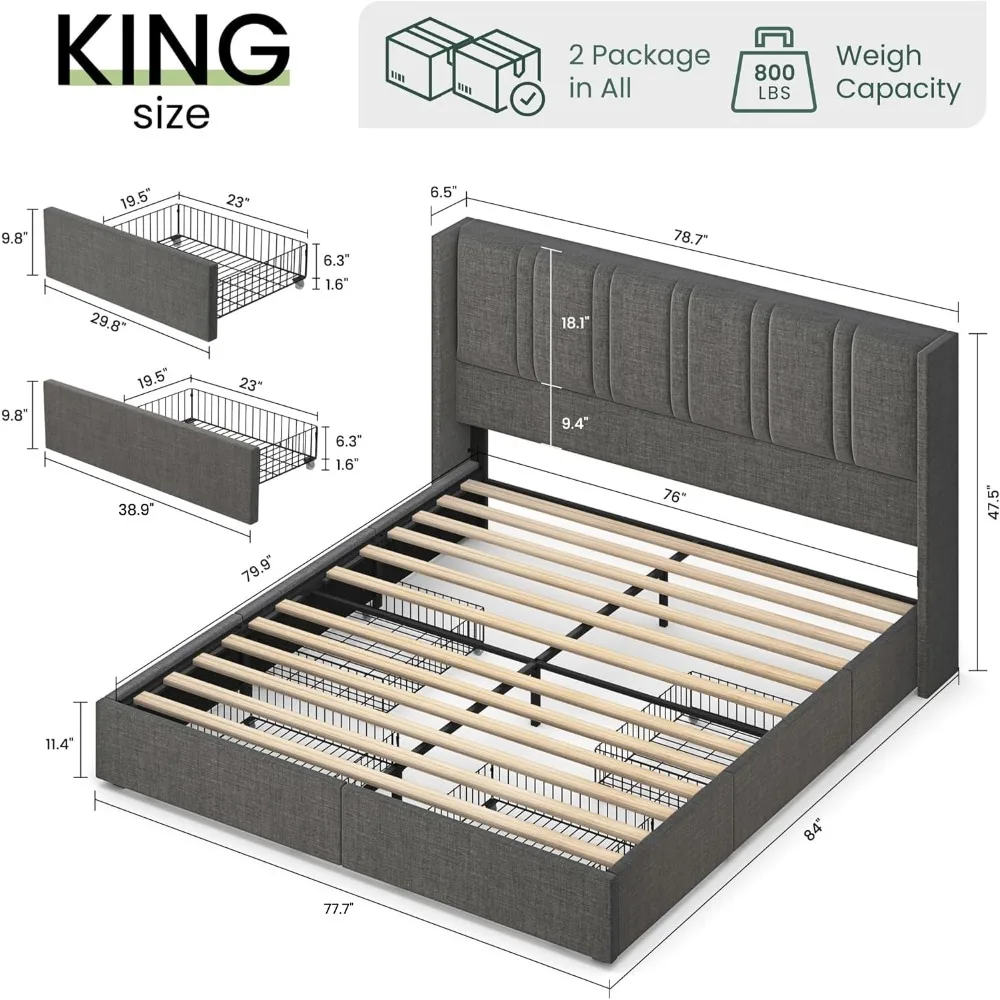 King Size Linen Upholstered Pl - King Size Bed Frame With Storage Drawers ulasan dan harga
