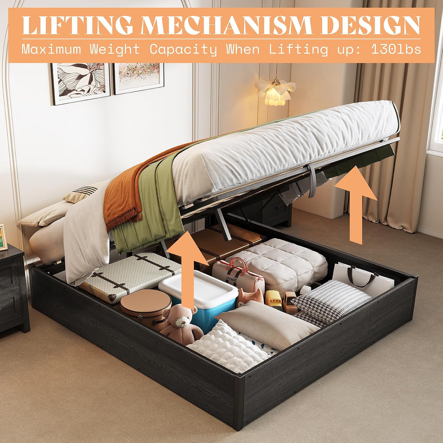 Lift Up Storage Bed Frame, Dar - Gas Lift Storage Bed Hydraulic ulasan dan harga