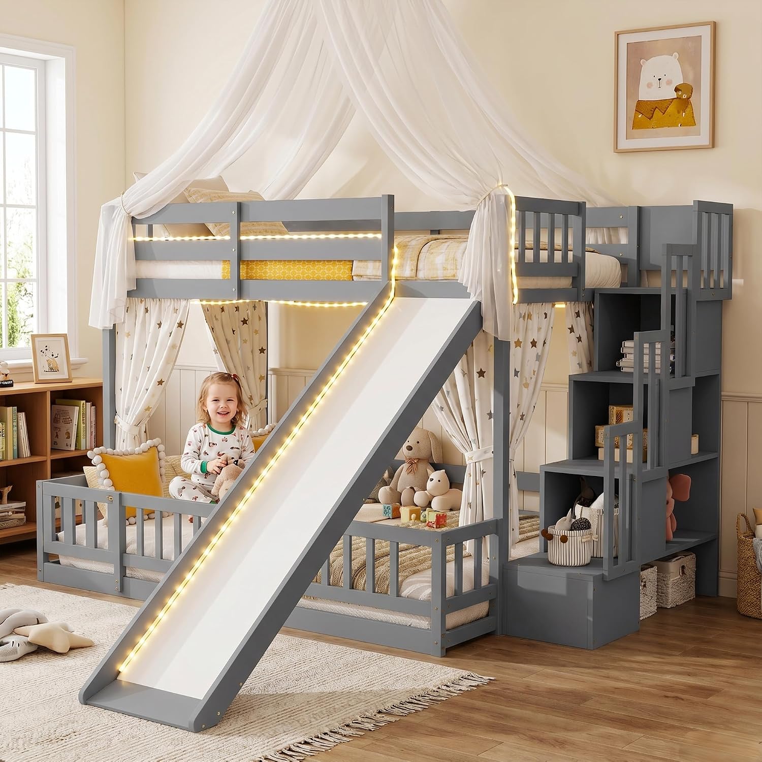 Twin Over Full Bunk Bed with S - Bunk Bed With Stairs And Slide ulasan dan harga