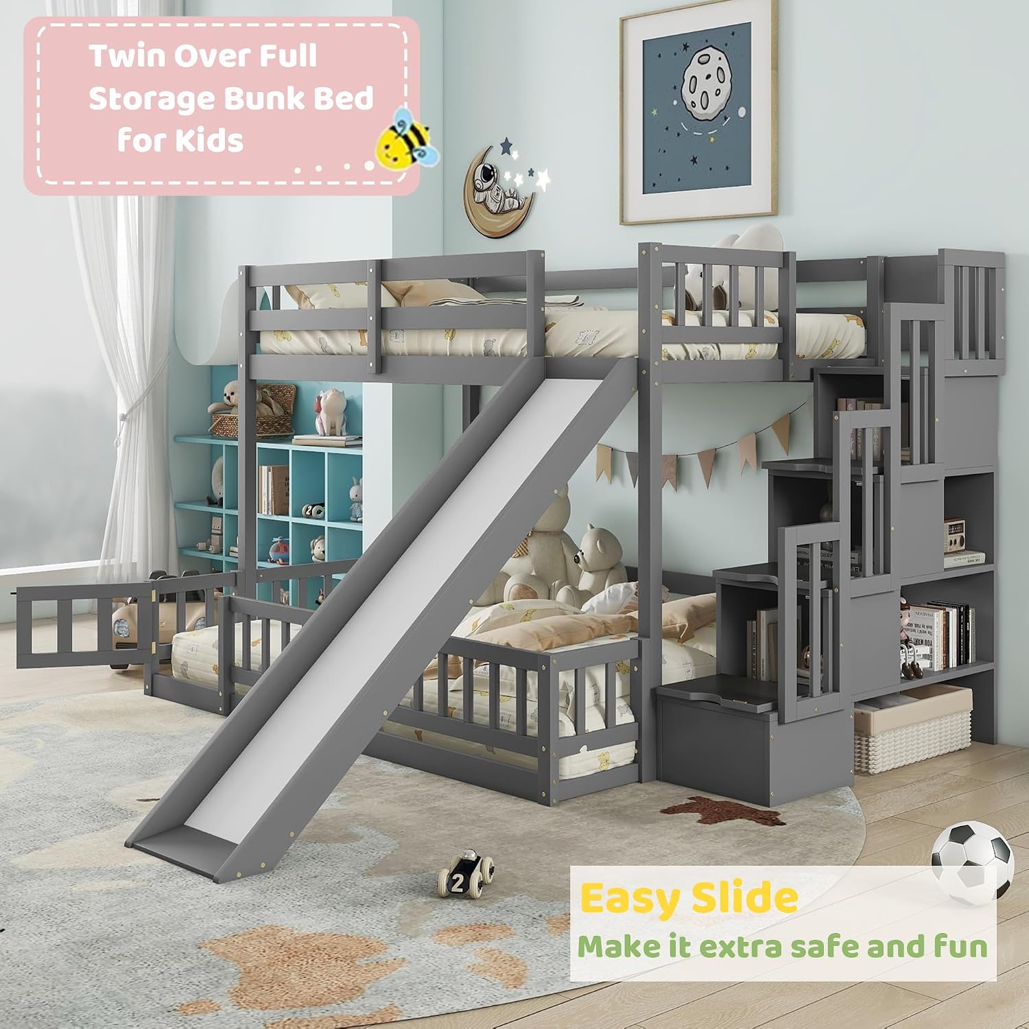 Twin Over Full Bunk Bed with S - Bunk Bed With Stairs And Slide ulasan dan harga