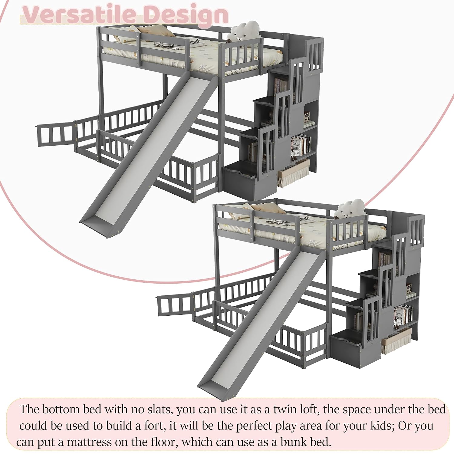 Twin Over Full Bunk Bed with S - Bunk Bed With Stairs And Slide ulasan dan harga